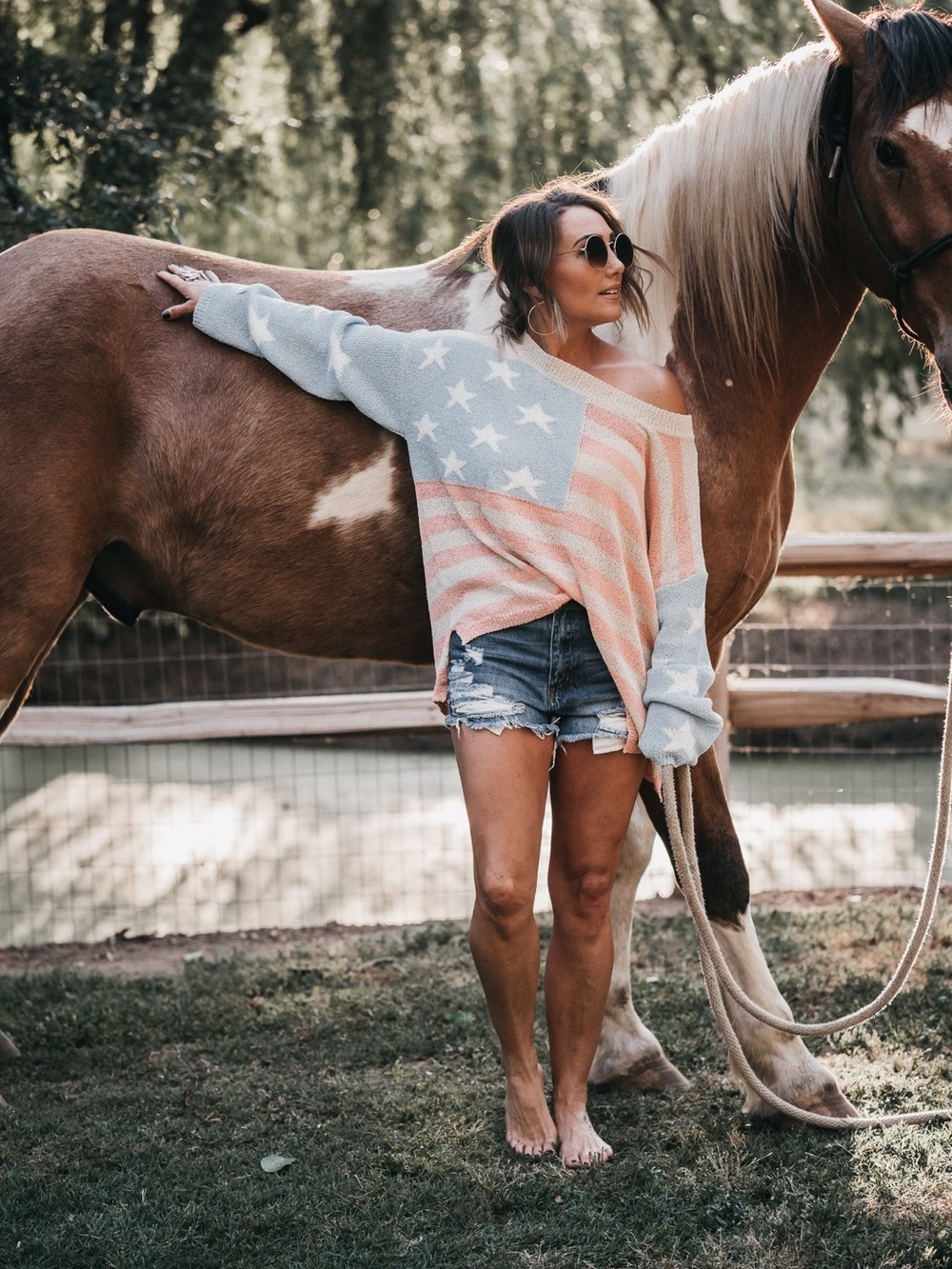 POL Off-Shoulder Star & Stripe Knit Sweater - Blue & Coral